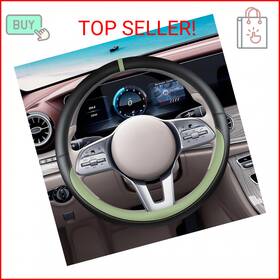 Foxstar 762668659289 Black Avocado Green Car Steering Wheel Cover Nappa Leather Bottom Color Blocki