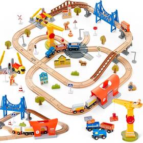 Ga20091 Goli Toys 94pcs Wooden Train Track Set Modern City Adventure Railway For Kids With Bridge