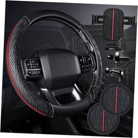 Fx618lt-rd040-zj7 Lj Leather Rubber Steering Wheel Cover Combo Set Large 15.5 Inch -16 Red And Black
