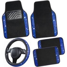 170-bu0-zj5-xbz Lj Zt-0606 Bling Diamond Leather Steering Wheel Cover 14.5in-15in Floor Mats Shining Blue
