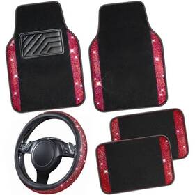 170-rd0-zj5-xbz Lj Zt-0606 Bling Diamond Leather Steering Wheel Cover 14.5in-15in Floor Mats Black Red
