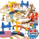 94PCS Wooden Train Set, Modern City Adventure Railway Track For Kids With Bridge. Fixed Price $73.28.